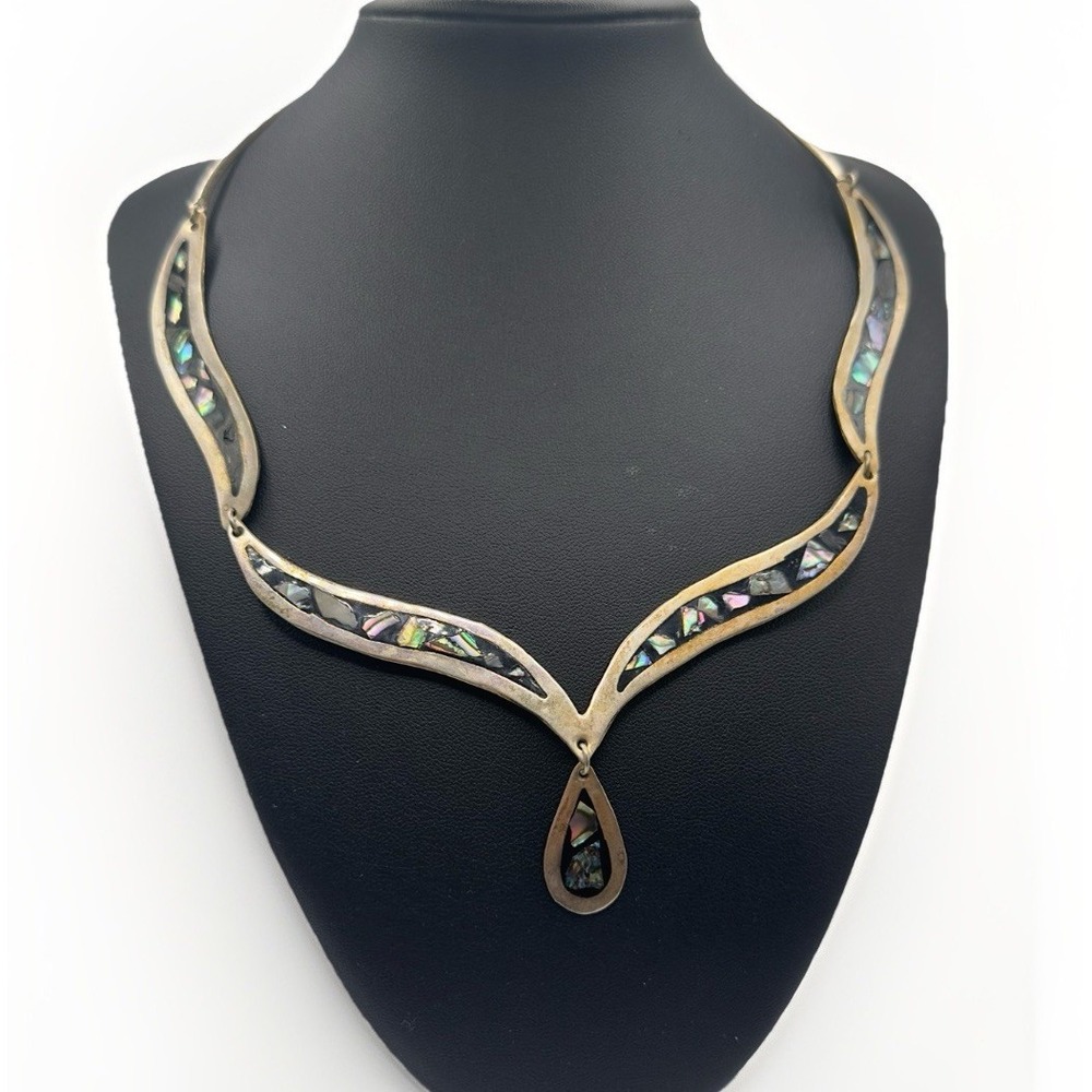 Vintage Mexican Alpaca Abalone Inlay Necklace 17" Panel Link Drop Pendant